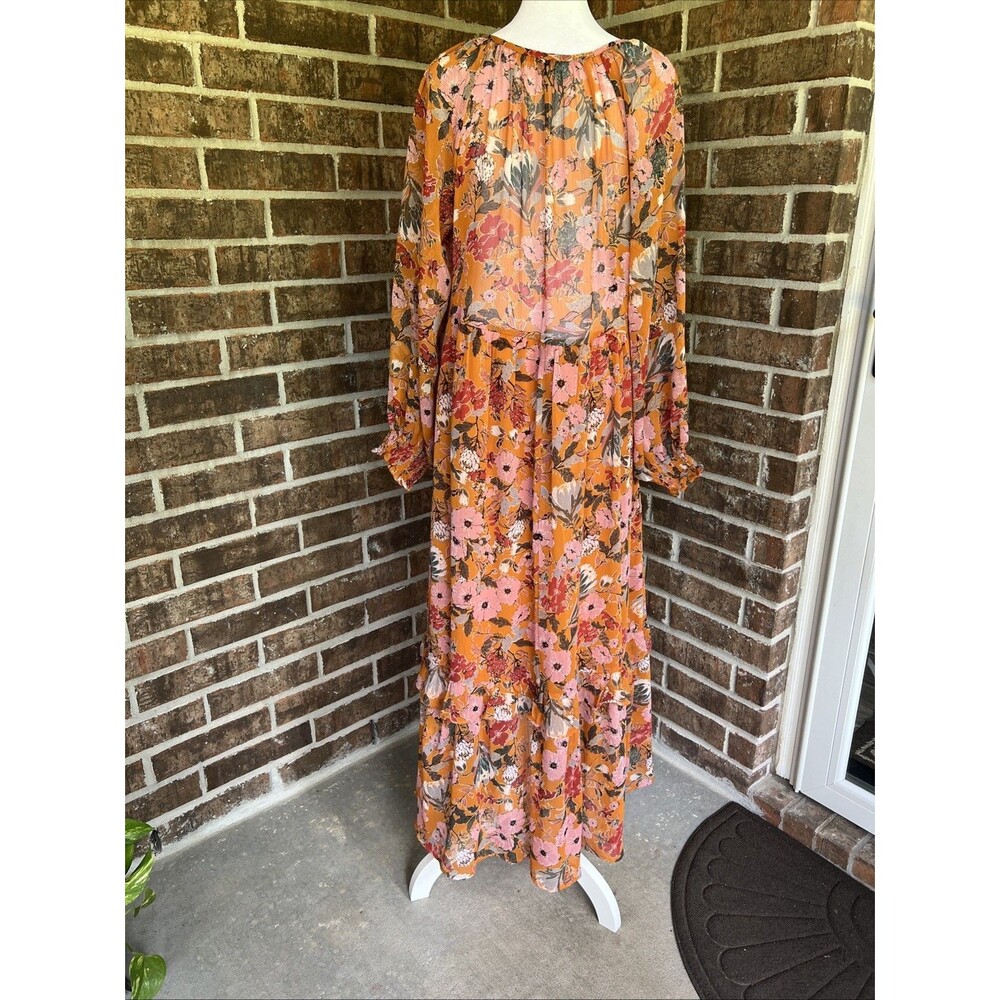 Kate & Sam Burnt Orange Ruffle Maxi Dress Size Medium Pink Long Sleeves Sunset - Picture 9 of 16